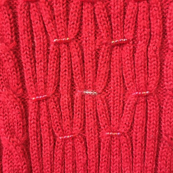 Vintage 80s Cherry Red Cable Knit Beaded Ribbed Sleeve Sweater - Picture 9 of 16